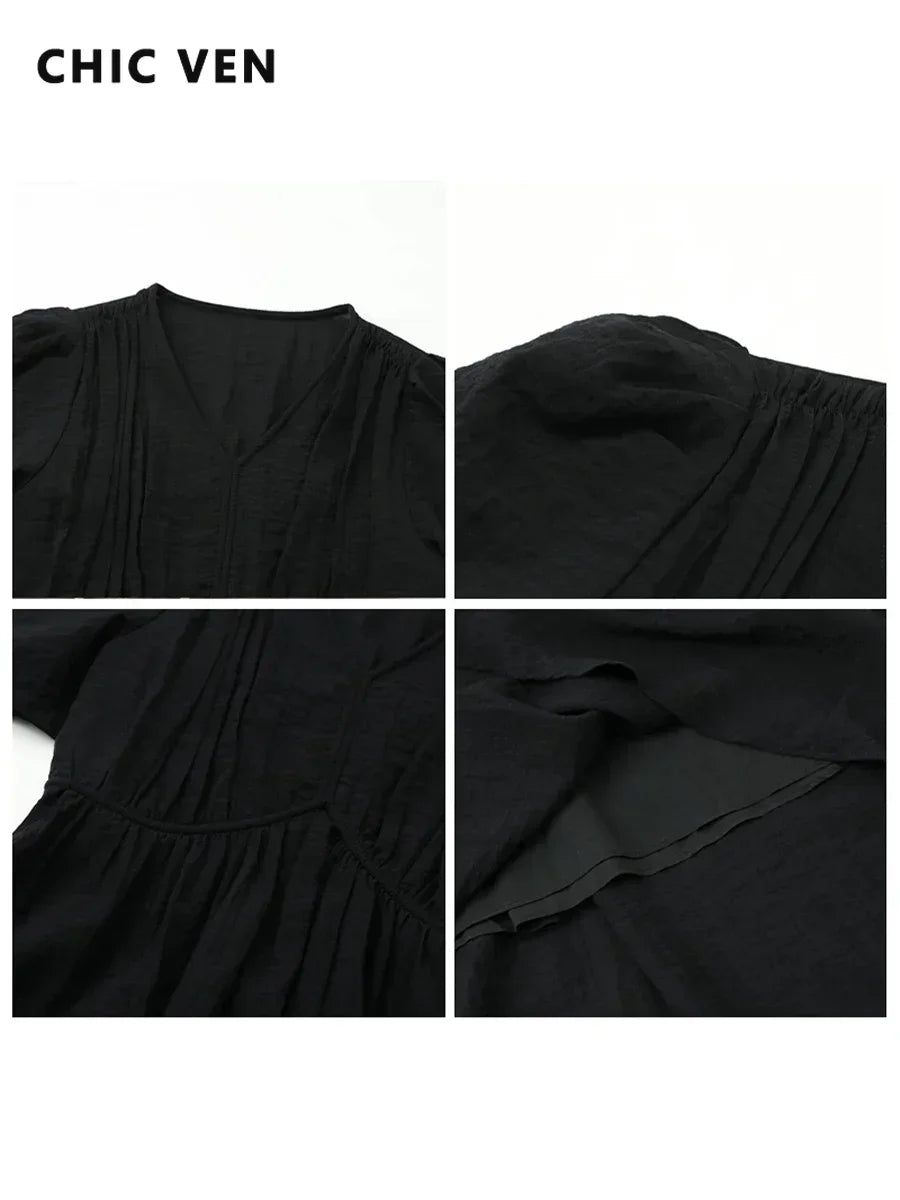 CHIC VEN Women Dresses French Style Vintage V-neck Puff Sleeve Long Dress Solid Black Loose Female Clothing Summer New 2023 - Matrix-studios.com