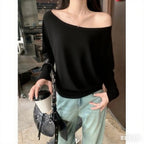 Autumn Winter One Shoulder Cotton Long Sleeve Slant Shoulder Women's Clothing Style Interior Wide Truffle Shoulder Base Shirt - Matrix-studios.com