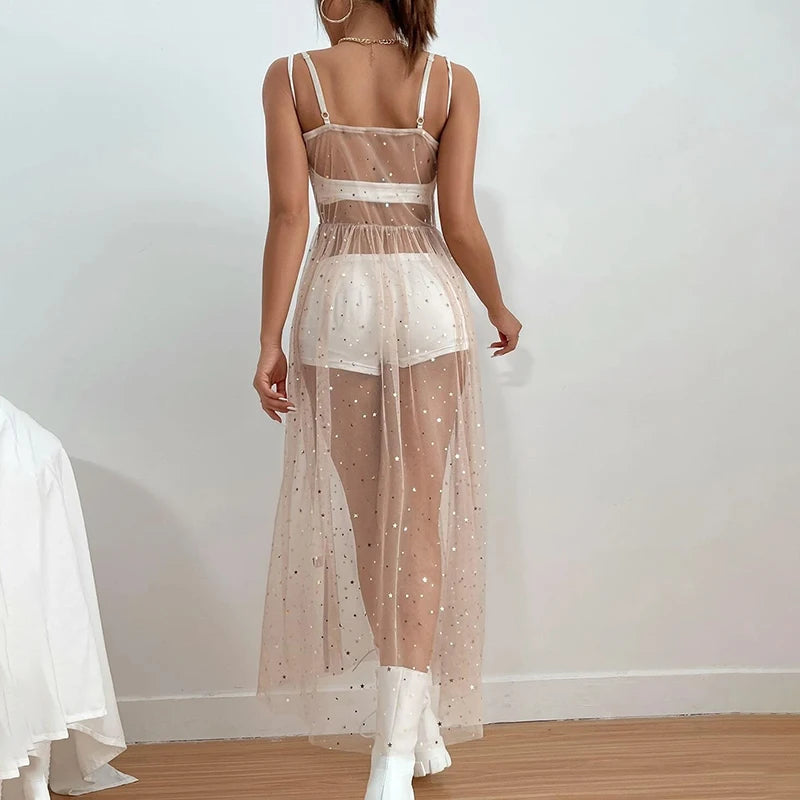 Summer Women Beach Cover Up Sleeveless Square Neck Holiday Sequined Split Smock Midi Beach Dress - Matrix Studios