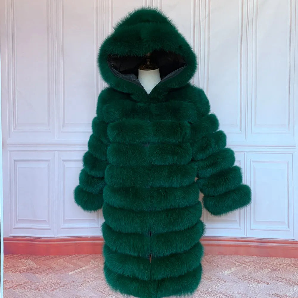 QUEENTINA Hood Fur Coat Women Real Fox Long New Luxury Female Natural Leather Jacket Warm Thick Long Winter Fur Vest Waistcoat - Matrix Studios