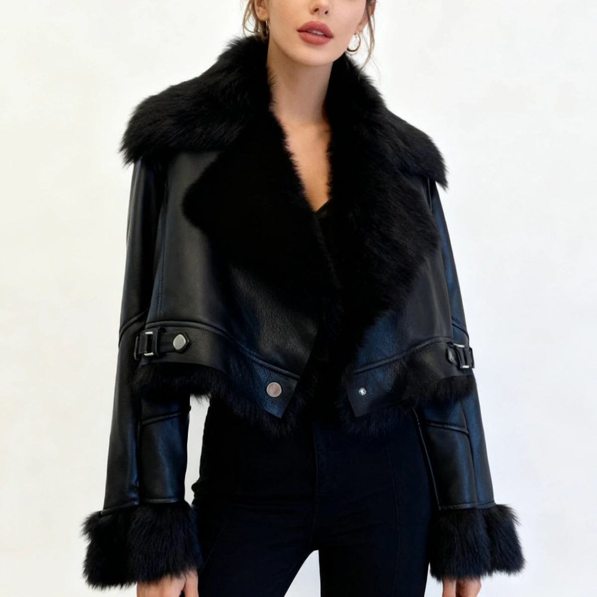Faux PU Leather Coats Women Punk Fur Collar Coat Work Short Jackets Spring Streetwear Button Open Stitch Jacket Autumn Winter - Matrix Studios