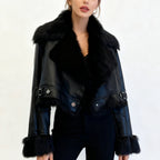 Faux PU Leather Coats Women Punk Fur Collar Coat Work Short Jackets Spring Streetwear Button Open Stitch Jacket Autumn Winter - Matrix Studios