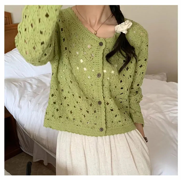 Long Sleeve Crochet Top for Women Sheer Button Up Hollow Out Openwork Knit Cardigan Jacket Spring Summer Boho Vacation Outfit - Matrix Studios