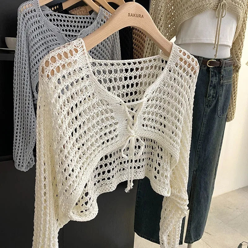 Crochet Crop Tie Front Cardigan Women Long Sleeve Sheer OpenKnit Bolero Shrug Top Summer Beach Bikini Cover Up Y2K Outfit - Matrix Studios