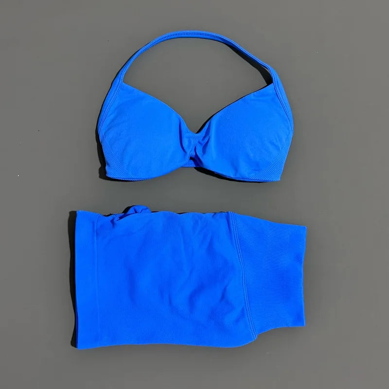 HISTELLO Gym Set 2 Piece Women Strappy Yoga Bra Top Workout Scrunch Shorts Sports Suit Fitness Clothes Seamless Yoga Set - Matrix-studios.com