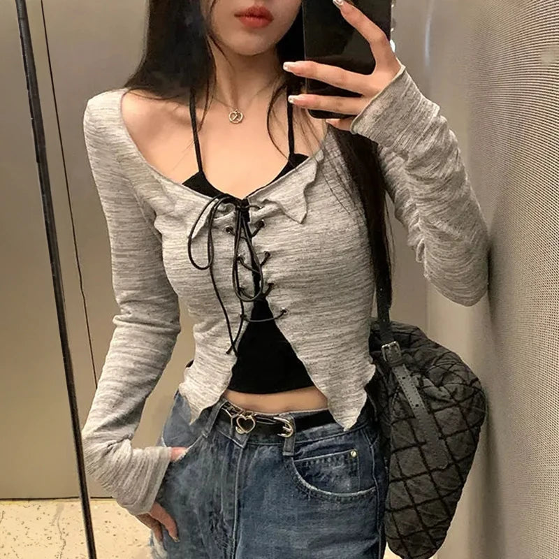 Korean Two Piece Set Lace-up Cardigan with Cami Women's Sexy Slim Y2K Crop Long Sleeve Criss Cross Knit Tops Acubi Outfit - Matrix Studios
