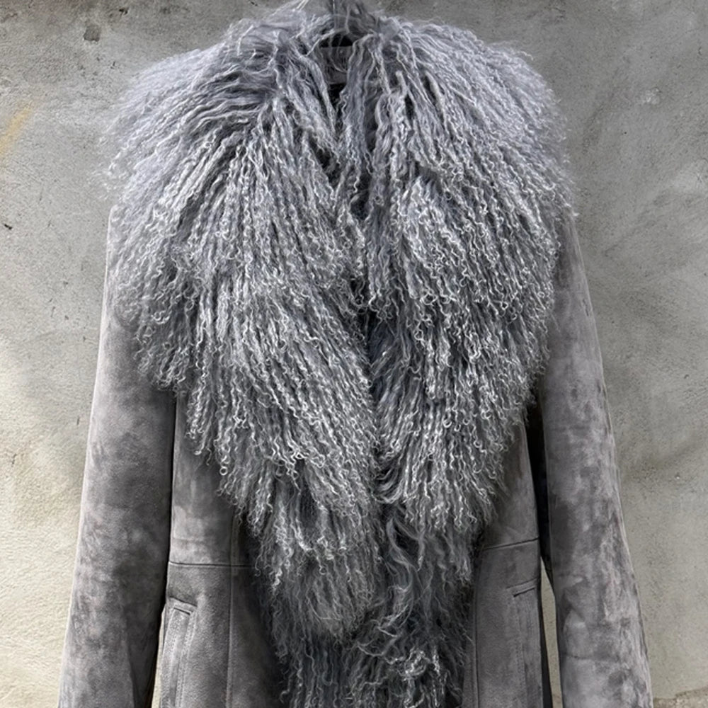 Suede Coat Fur Collar Women Autumn Genuine Sheepskin Coat Long with Mongfolian Fur Trim - Matrix Studios