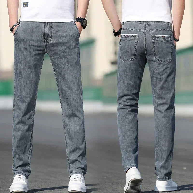 2025 Summer New Men's Loose Gray Jeans Fashion Casual Stretch Straight-leg Denim Pants Male Light Blue Men's Trousers - Matrix Studios