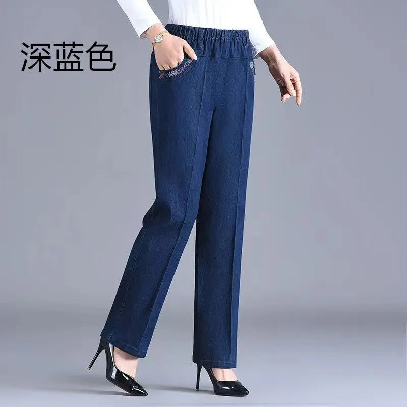 Middle aged elderly Women's Jeans Embroidered Pockets Elastic waist Mom Pants Casual Denim Straight leg Trousers 2025 New Spring - Matrix-studios.com