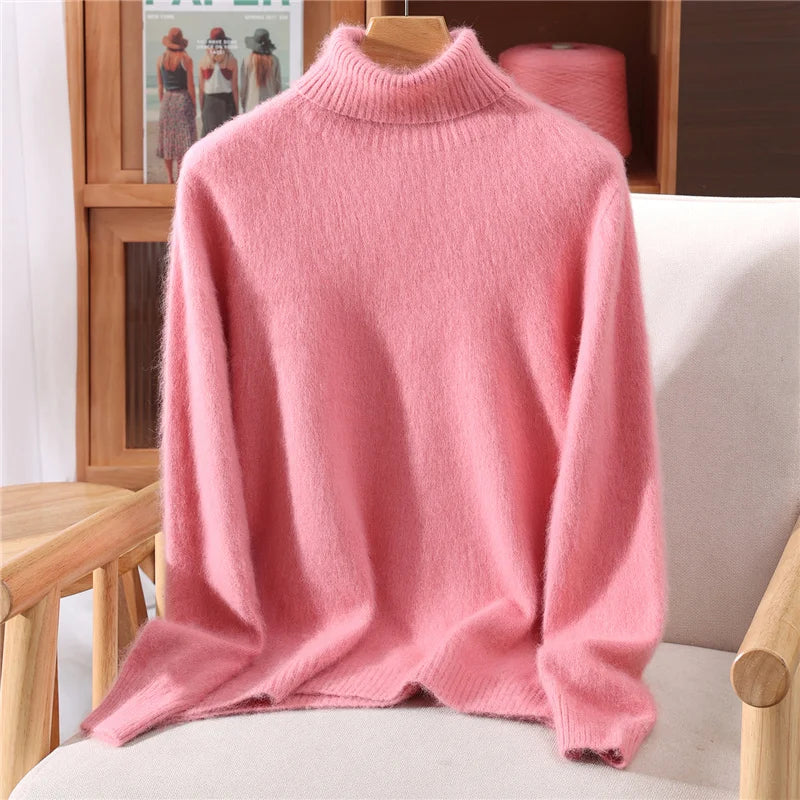 Autumn And Winter New 100% Mink Cashmere Sweater Ladies' High Lapel Solid Color Padded Pullover Wool Knitted Bottoming Shirt - Matrix Studios