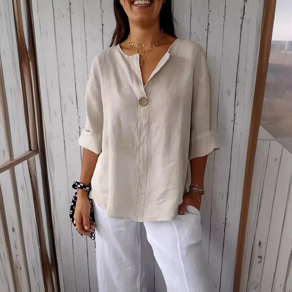 VEITCHE Spring Summer Women's Shirt Blouses Top V-neck Button Tee Shirts  3/4 Sleeve Casual Cotton Linen Top Loose Fit Pullover - Matrix-studios.com