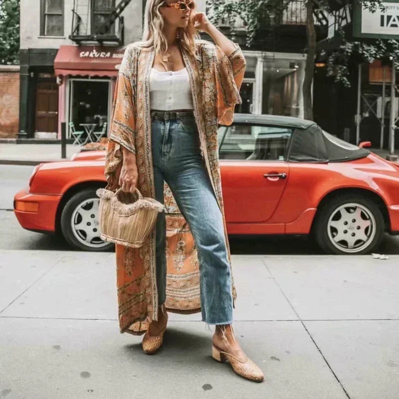 Boho Queens Women Yellow Floral Print Sashes  Kimono Ladies V Neck Batwing Sleeves Bohemian Maxi Dress Robe Cover-up - Matrix Studios