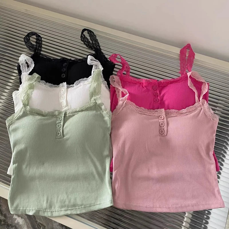Summer Lace Strap Patchwork Camisole Women Solid Color Sleeveless Buttons Tank Top - Matrix-studios.com