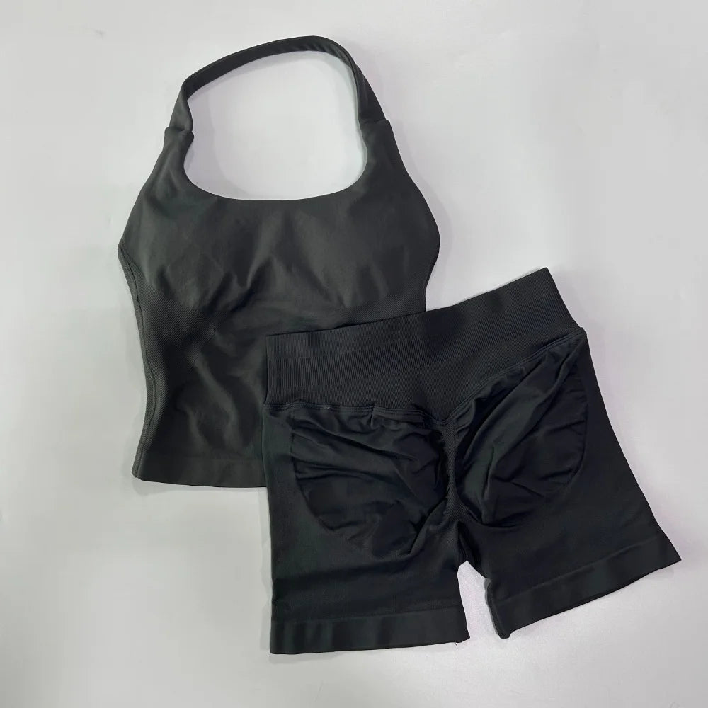 1-2pcs Gym Set Women Backless Tank Tops High Waist Scrunch Seamless Shorts High Waist Yoga Leggings Workout Sets Gym Suit - Matrix-studios.com