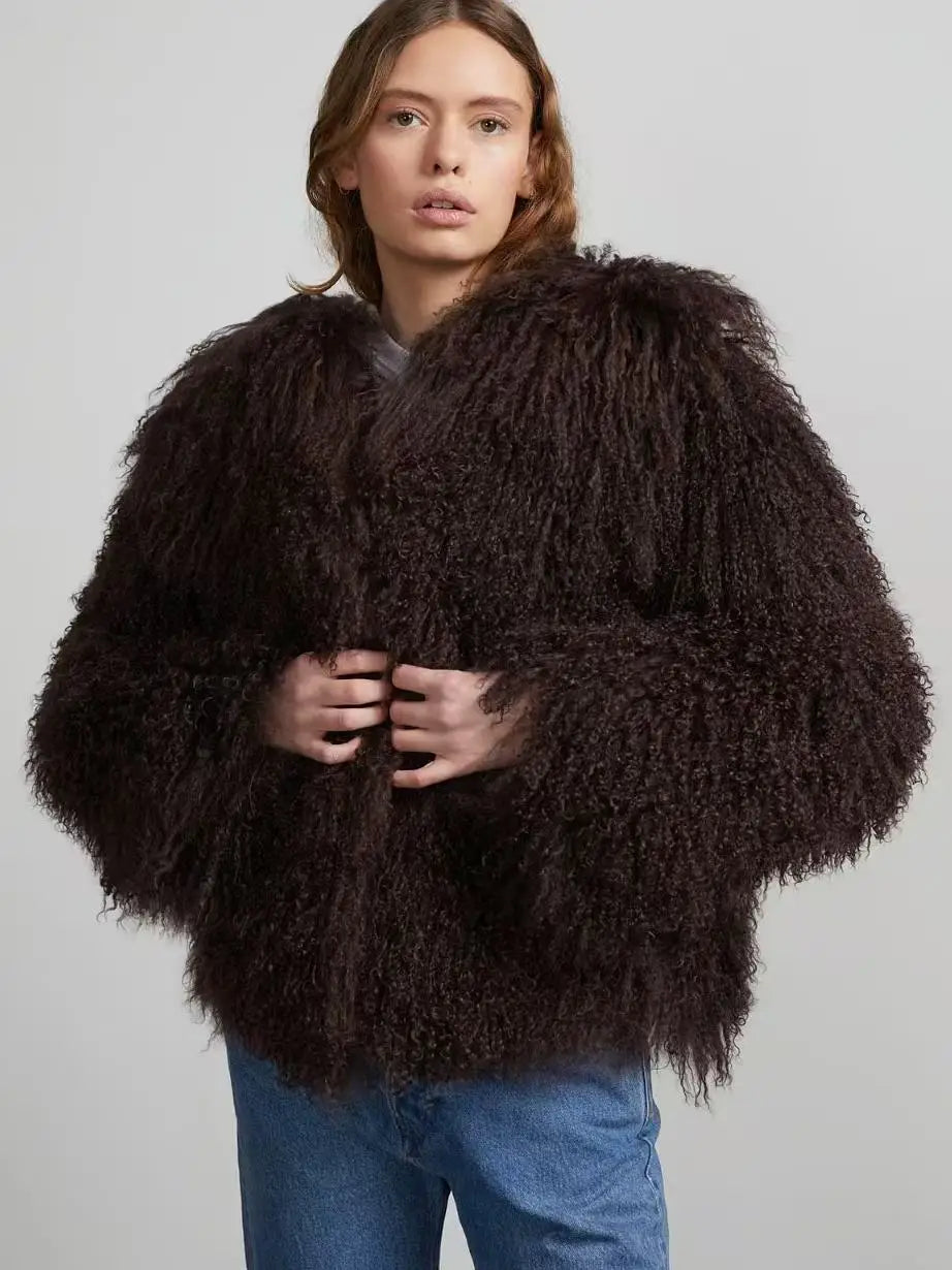 Mongolian Fur Coat Fur Jacket Women's Elegant Fluffy Solid Color Thickened Thermal Long Sleeve Coat Winter Fashion Oversized Lad - Matrix Studios