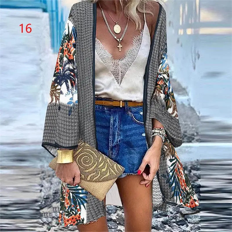 WeHello 2023 Summer Bohemian Casual Cloak Cardigan for Swimsuit woman Beach Swimwear Tops Long Sleeved Shawl Chiffon Shirt - Matrix Studios