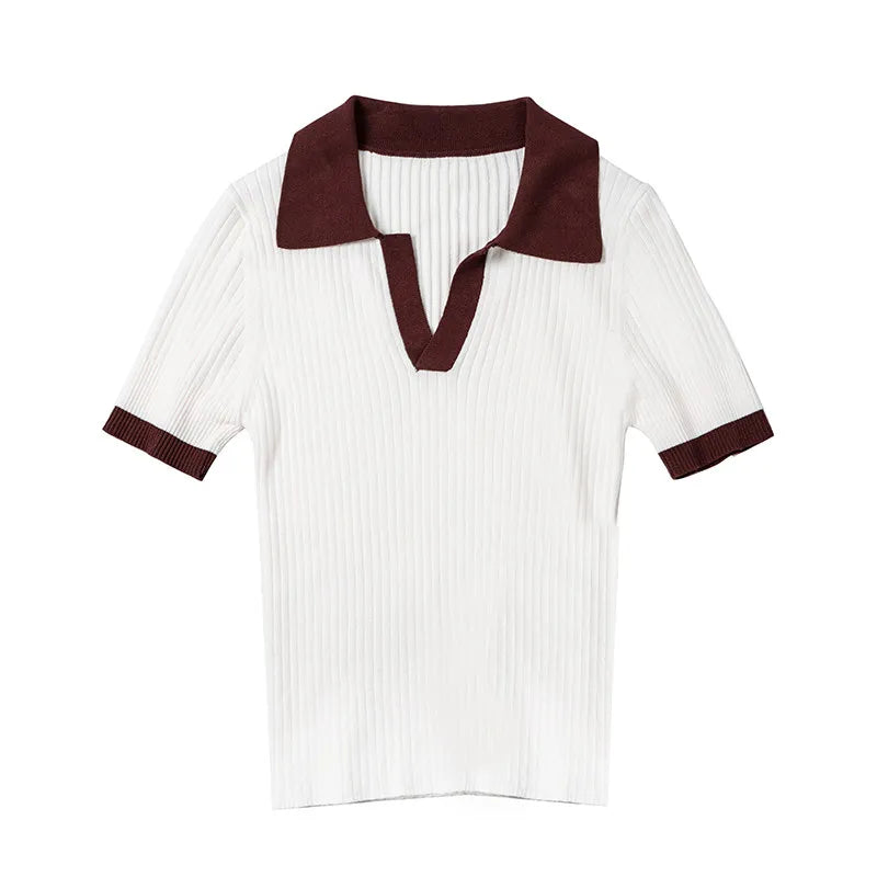 REALEFT Summer Patchwork French Style Polo Women's T-shirts 2025 New Short Sleeve Knitted Slim Shirts Knitwear Tops Female - Matrix-studios.com
