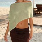 Women Sheer Ponchos Shrug Solid Color Off Shoulder Asymmetrical Knit Shawls Summer See Through Bikini Cover Up Beach Vacation - Matrix Studios