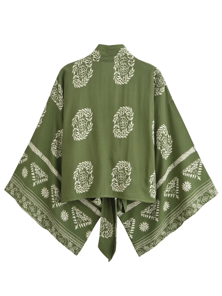 Vintage Women Fashion Boho Kimono Short Robe Swimsuits Floral Print Batwing Sleeves Bohemian Bikini Cover-Ups Beachwear - Matrix Studios