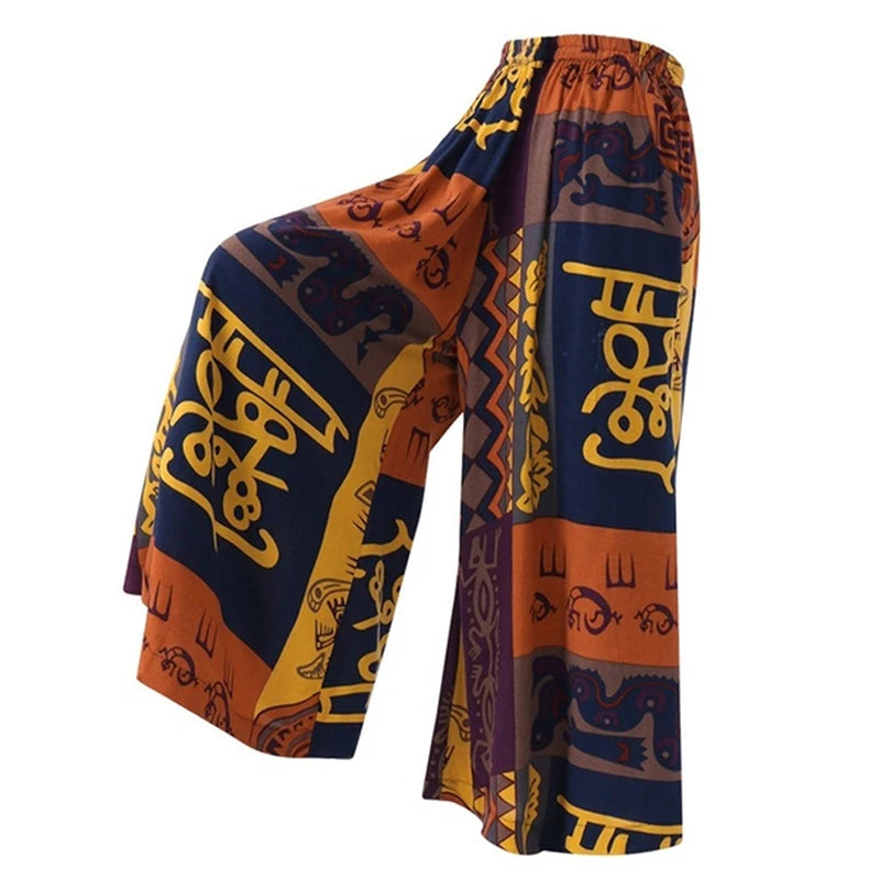 Ethnic Style Wide Leg Trousers Women Yoga Harem Pants Gypsy Hippie Thai Boho Court Pants Ruched Waist Aladdin Women's Pants