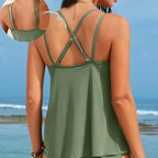 Women Bikinis Set Solid Two Piece Tankini Swimsuit V Neck Front Knot Flowy Overlay Top O Ring High Rise Tummy Control Swim - Matrix-studios.com