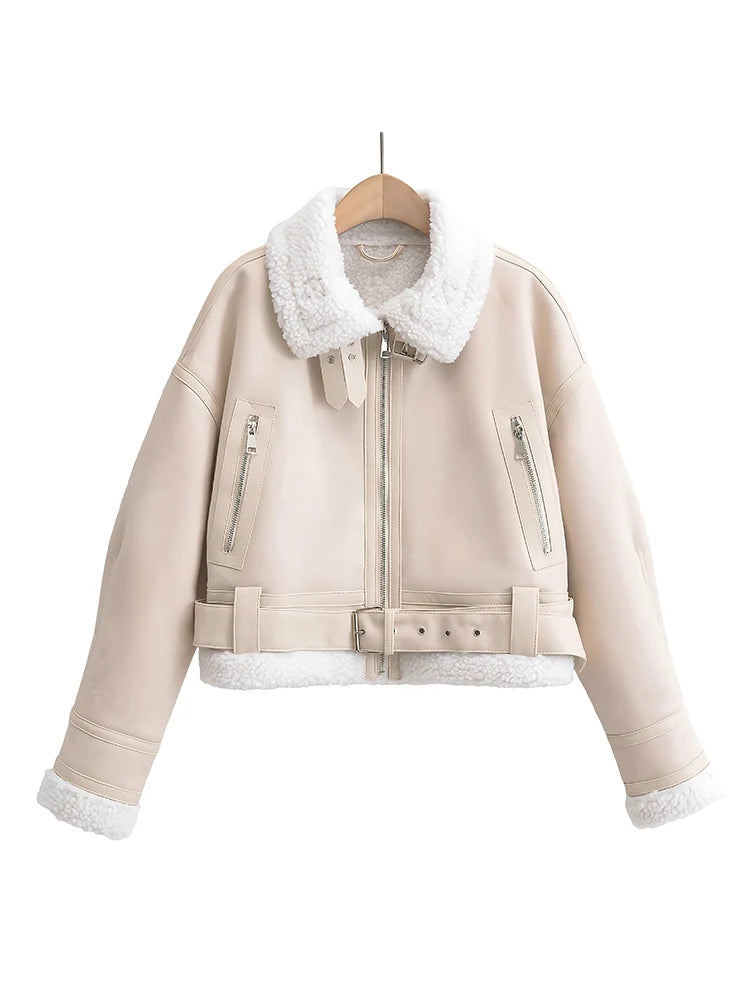 Ailegogo Autumn Winter Women Warm Loose Faux Lamb Fur Short Coat Streetwear Female Retro Zipper Spliced Coat Outwear - Matrix Studios