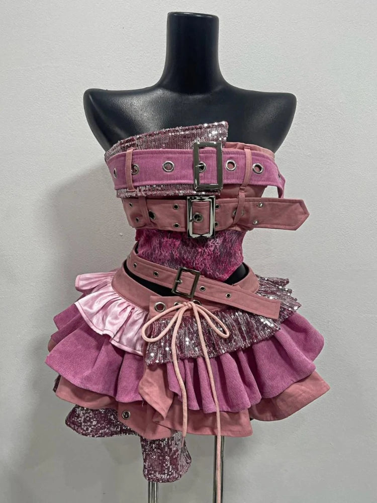 2000s Aesthetic Punk Style Women New 2 Piece Set Sexy Strapless Tops + High Waist Skirt Female Retro Chic Korean Popular Clothes - Matrix-studios.com