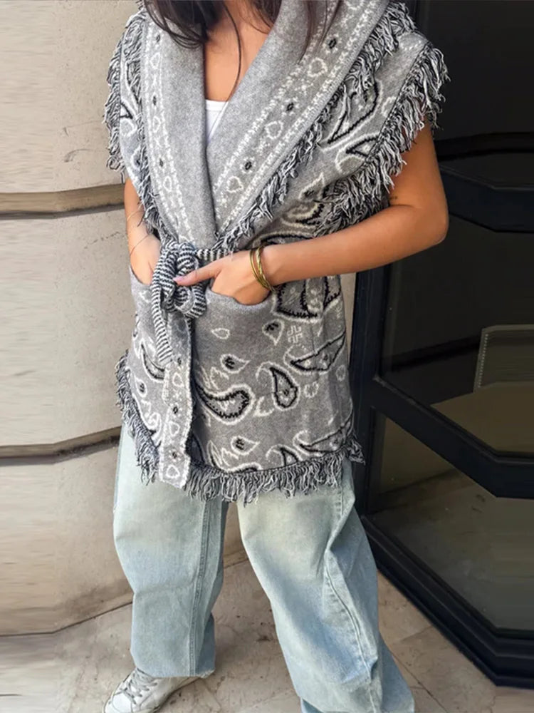Tassel Patchwork Printed Cardigan Vest Women's Turn-down Collar Sleeveless Knitted Fashion Sweater Vintage 2025 Autumn Cardigans - Matrix Studios