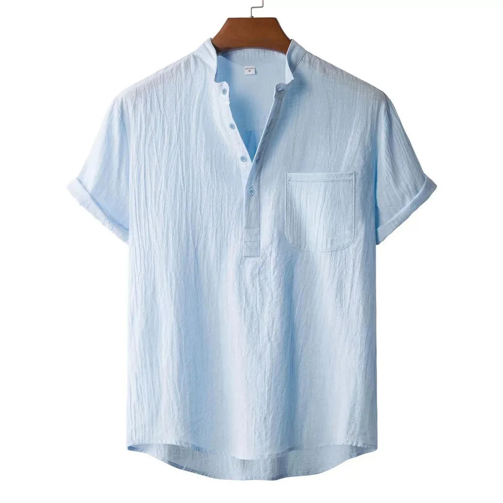 Men's Summer Cotton Linen T-shirt Beach Style Short SLeeve Henley Neck Vacation Hawaii Casual Lightweight Breathable Cozy Tops - Matrix Studios