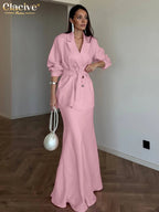 Clacive Fashion Loose Pink Cotton Office Women 2-Piece Sets 2027 Winter Long Sleeve Blazer With High Waist Maxi Skirt Set Female - Matrix-studios.com