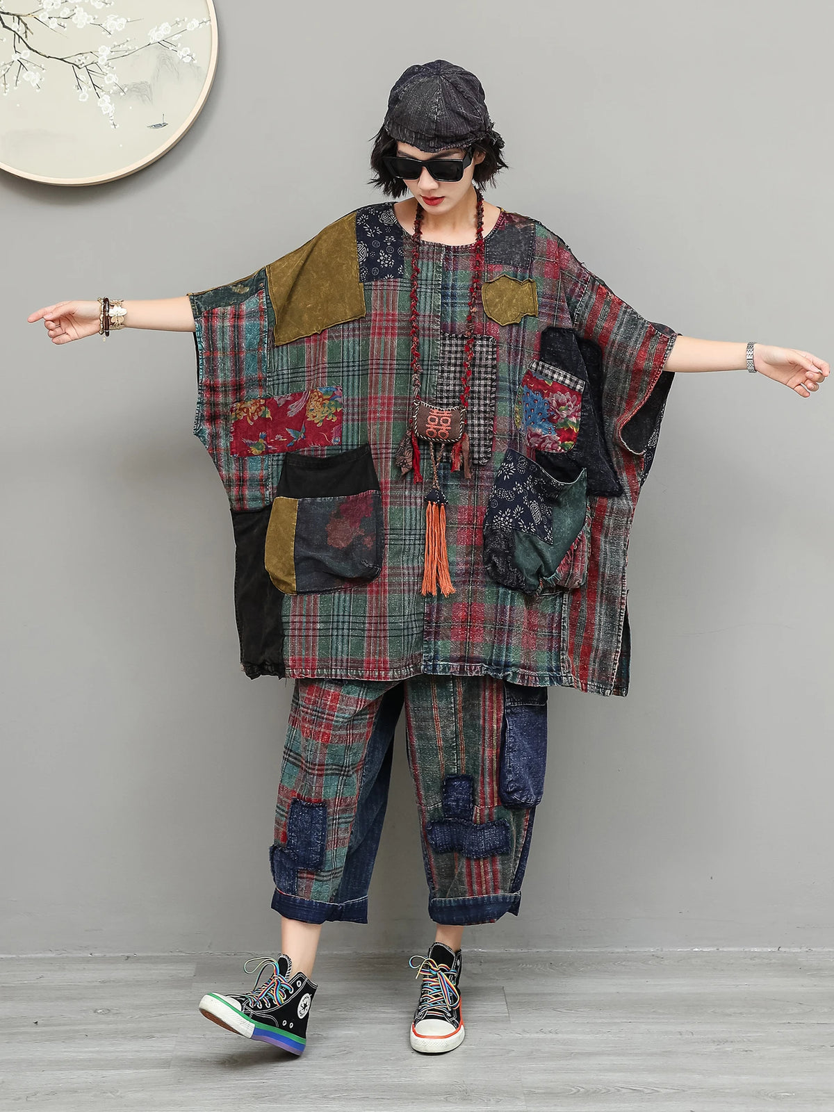Unique Vintage Women Outfit Early Autumn Plaid Patchwork Loose Sleeveless Mid-length Robe + Cropped Pants Two-piece Set ZF2438 - Matrix-studios.com