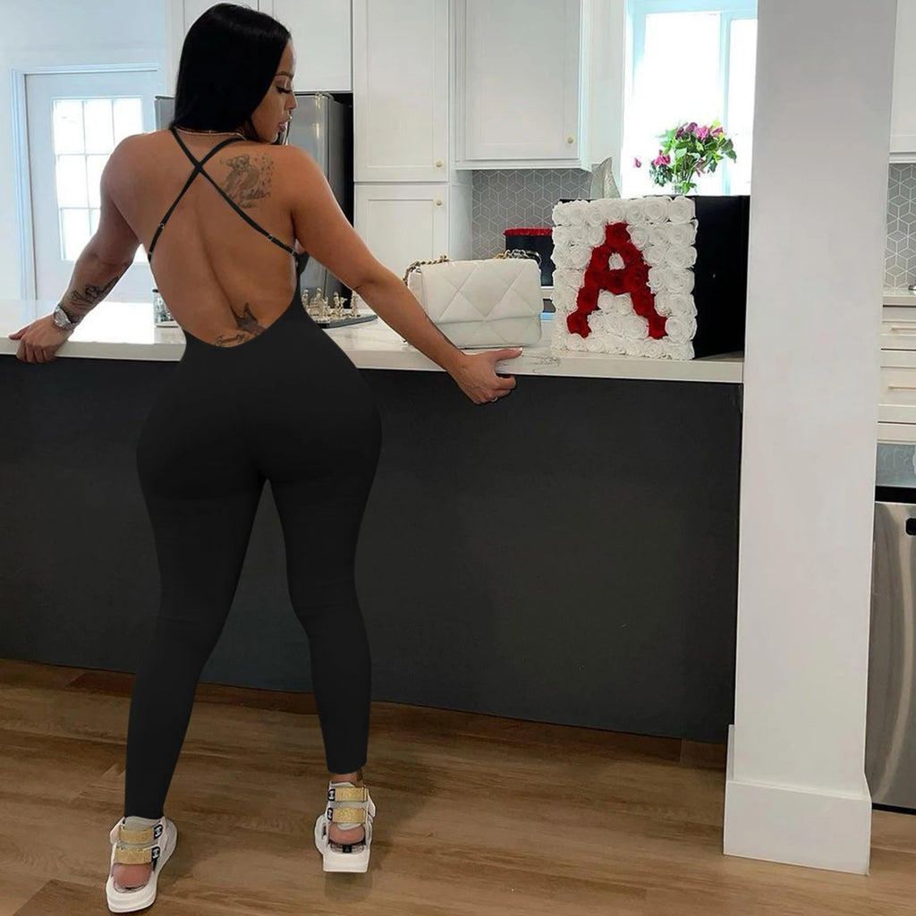 Women's solid color ribbed camisole back jumpsuit casual yoga jumpsuit - Matrix Studios