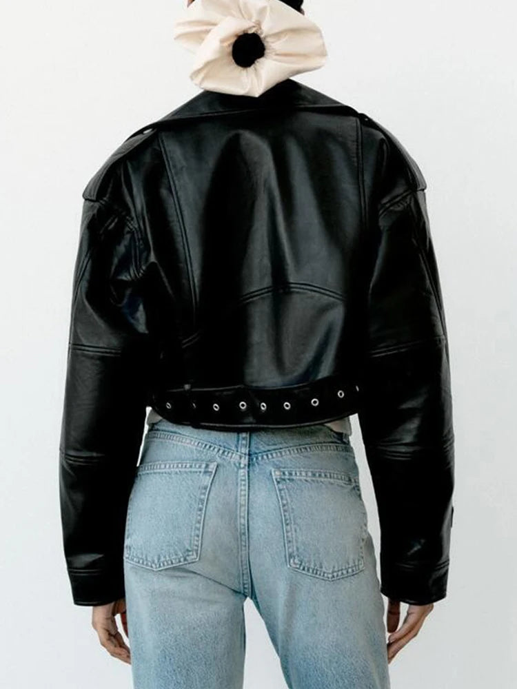 Ailegogo Spring Autumn Women Faux Pu Leather Short Jacket with Belt Motorcycle Biker Female Zipper Lapel Loose Coat Outwear - Matrix Studios