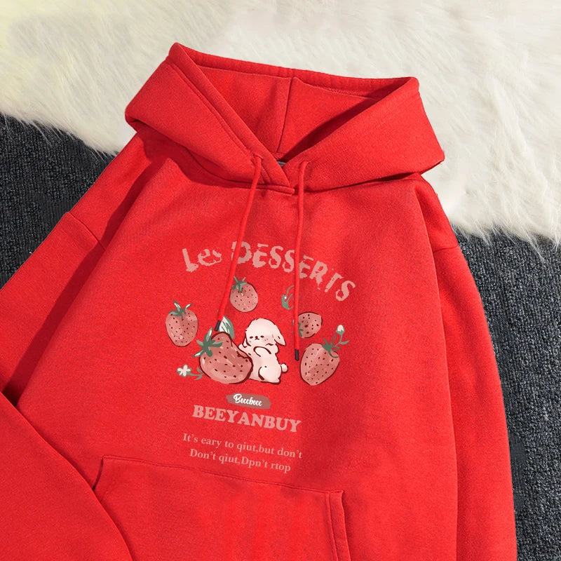 Fashion Women'S Hoodie Cute Strawberry And Rabbit Printed Sweatshirt Pocket Soft Warm Breathable Pullover Autumn Winter Hoody - Matrix Studios