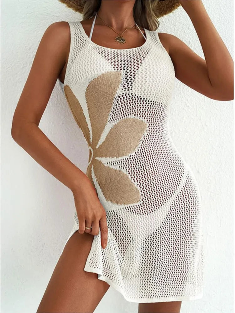 Sexy Women Knit Beach Dress Hollow-Out O-Neck Sleeveless Bikini Cover-Ups Dress Holiday Dress 2026 Summer Swimwear Beach - Matrix Studios