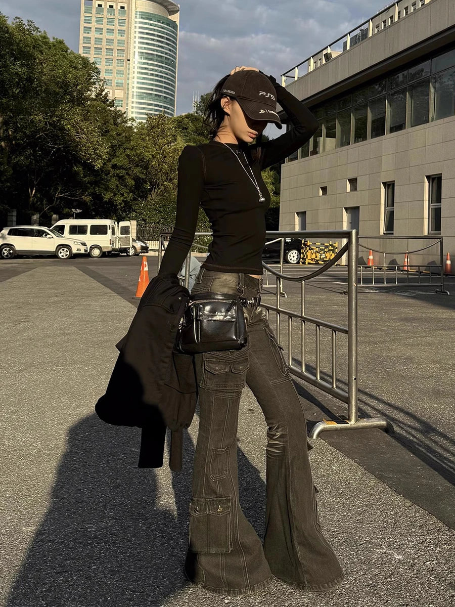 REDDACHiC Black Low Waist Cargo Jeans 2000s Distressed Whiskers Multi-pocket Stretch Bootcut Pants Women Retro Grunge Streetwear - Matrix-studios.com