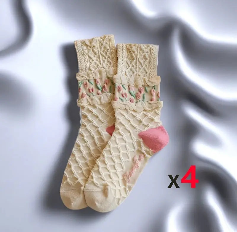 4Pairs Floral Socks Set Women Cute Flower Geometric 3D Textured Ankle Cottagecore Lucky Socks Fashionable Casual Mid Cub Socks - Matrix Studios