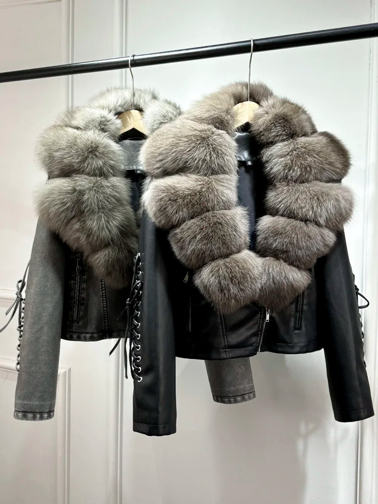 2024 Luxury Autumn Winter Real Natural Fox Fur Collar Washed Leather Coat Women Lace-up Faux Pu Leather Short Tassel Loose Coat - Matrix Studios
