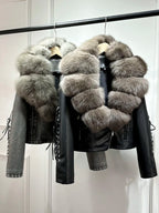 2024 Luxury Autumn Winter Real Natural Fox Fur Collar Washed Leather Coat Women Lace-up Faux Pu Leather Short Tassel Loose Coat - Matrix Studios