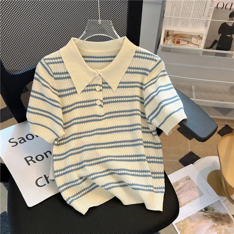 2025 Polo Neck New Womens Knitting T-Shirt Striped Short Sleeve Women T Shirt for Female Slim Tops Woman T Shirts Clothing S145 - Matrix-studios.com