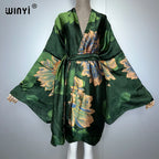 WINYI Bohemian Print Kimono Beach Outfits Women Swim Suit Cover Up Maxi Cardigan Stitch Self Belt Holiday Long Sleeve Print Coat - Matrix Studios