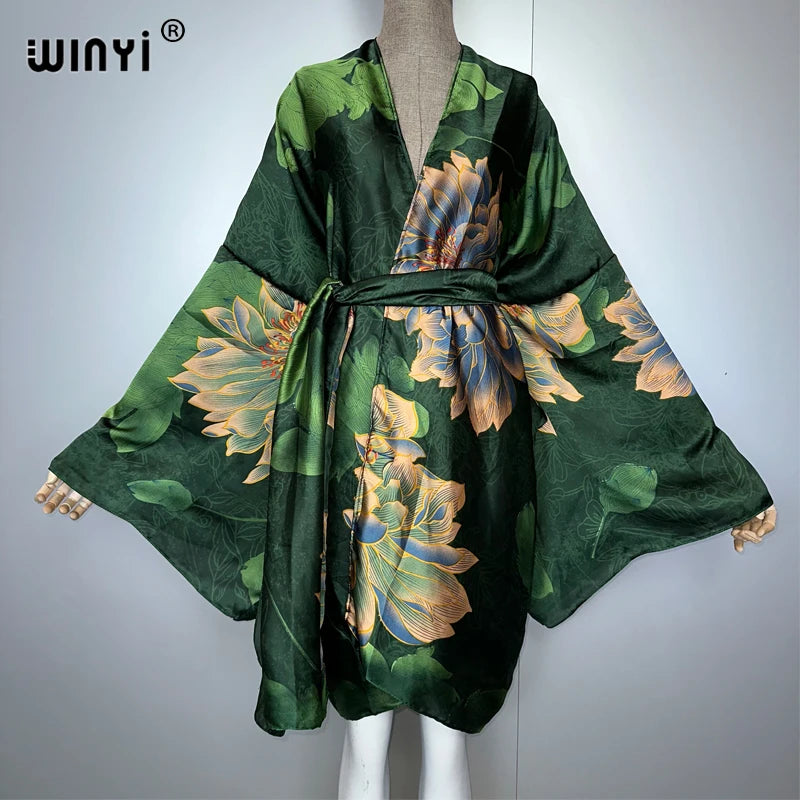 WINYI Bohemian Print Kimono Beach Outfits Women Swim Suit Cover Up Maxi Cardigan Stitch Self Belt Holiday Long Sleeve Print Coat - Matrix Studios