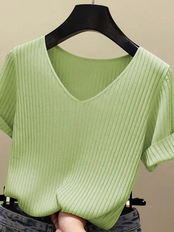 AOSSVIAO 2026 Basic V-neck Solid Thin Summer Women Pullover Female Thin Knitted Ribbed Sweater Slim Short Sleeve Bodycon Sweater - Matrix-studios.com