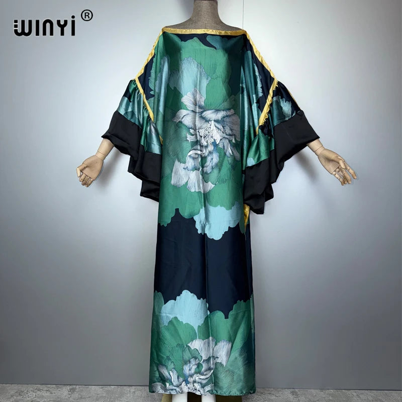 WINYI Summer Puff(ed) Sleeves Evening Dress Abaya Dubai Luxury Female Loose Print Kaftan Muslim Woman Clothing Beach Dress - Matrix-studios.com