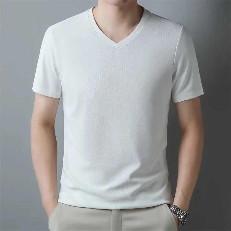 2026 Men's New Waffle V Neck Short Sleeved T-shirt Summer Comfortable Top - Matrix Studios