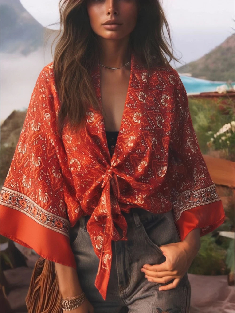 Boho Queens Red Floral Beach Kimono Short Robe Swimsuits Women Fashion Batwing Sleeves Rayon Bohemian Bikini Cover Ups Beachwear - Matrix Studios