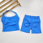 Yoga 2 Pieces Gym Set Women Backless Halter Tops High Waist Seamless Shorts Gym Suit Fitness Sports Bras Sportswear Workout Sets - Matrix-studios.com
