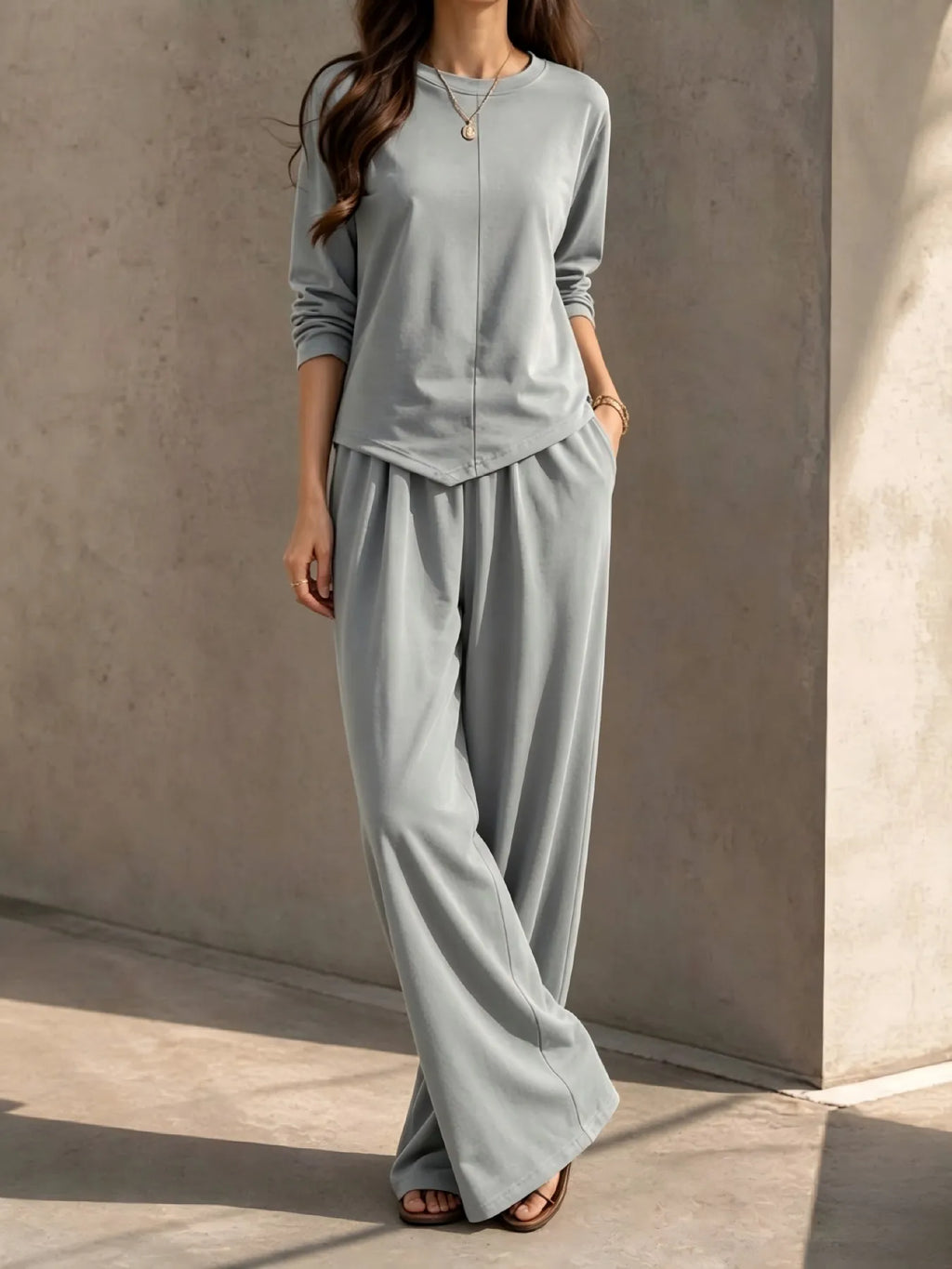 Women 2 Piece Outfit Set, Long Sleeve Irregular Hem Crewneck Top & Elastic Waist Wide Leg Pants, Casual Loose Matching Loungewear For Daily Travel - Matrix-studios.com
