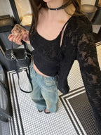 Y2k Aesthetic Lace Jacquard Women's Cardigan + Black Tank Top Harajuku Vintage 2set Japanese Grunge Fashion Pull Femme Mujer - Matrix Studios