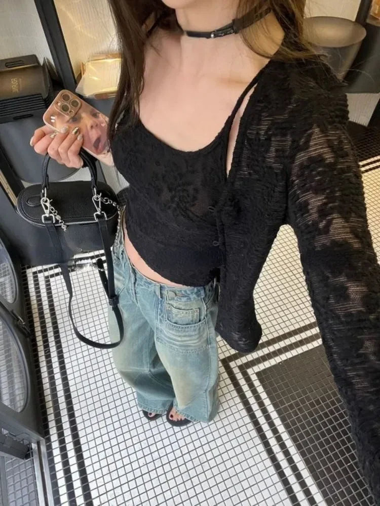 Y2k Aesthetic Lace Jacquard Women's Cardigan + Black Tank Top Harajuku Vintage 2set Japanese Grunge Fashion Pull Femme Mujer - Matrix Studios